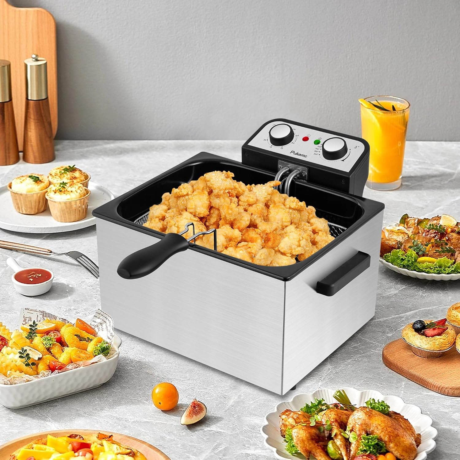 Pukomc Electric Deep Fryer with 3-Baskets for Home,5L/5.3Qt Deep Fryer with Timer and Temperature,1800W French Fries Maker,Easy to Disassemble and Clean,Stainless Steel and Black
