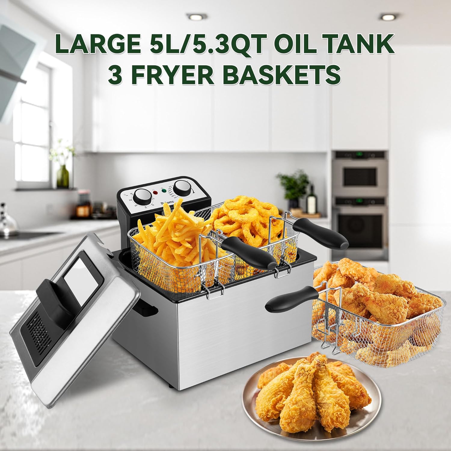 Pukomc Electric Deep Fryer with 3-Baskets for Home,5L/5.3Qt Deep Fryer with Timer and Temperature,1800W French Fries Maker,Easy to Disassemble and Clean,Stainless Steel and Black