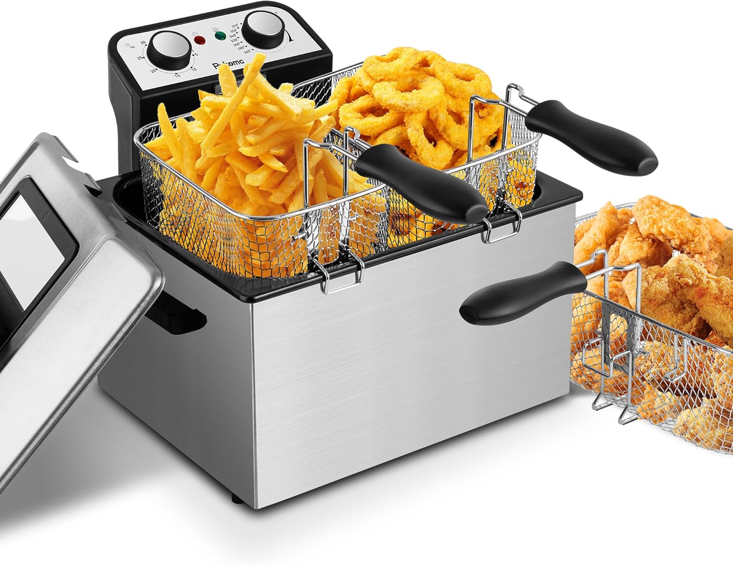 Pukomc Electric Deep Fryer with 3-Baskets for Home,5L/5.3Qt Deep Fryer with Timer and Temperature,1800W French Fries Maker,Easy to Disassemble and Clean,Stainless Steel and Black